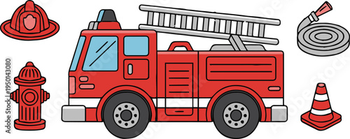 fire truck station crew helmet hydrant hose education vector