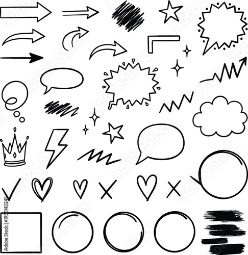 Collection of hand drawn comic speech bubbles and icons vector