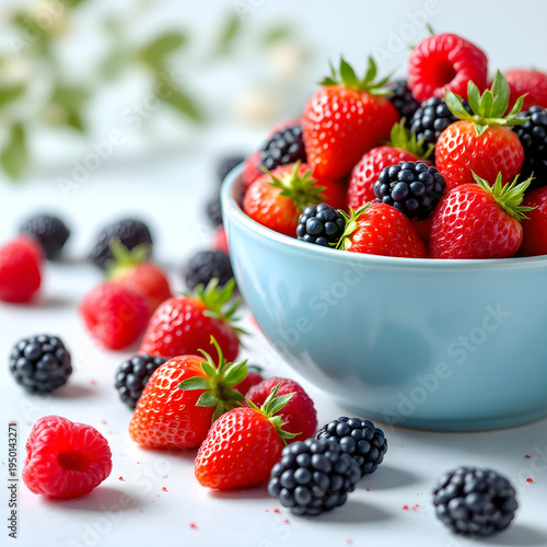 Strawberries, raspberries, and blackberries in a bowl
