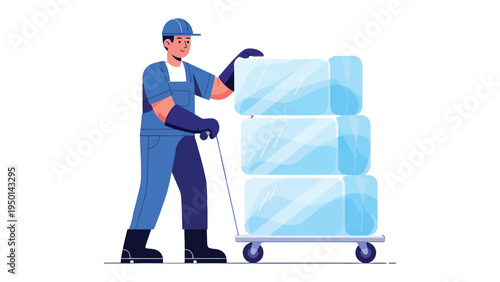 Ice Delivery: A worker in protective gear efficiently maneuvers a hand truck laden with glistening ice blocks, ensuring smooth and reliable delivery, highlighting the essential services.