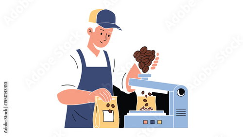 Coffee Processing Artisan: An artisan expertly fills a bag with freshly roasted coffee beans. captured in a modern illustration style.