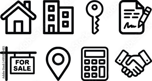 property line icons real estate location calculator handshake set