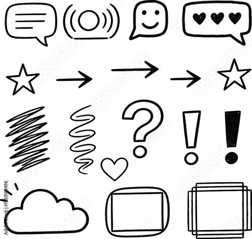 Black and white line icons set including chat and media symbols vector