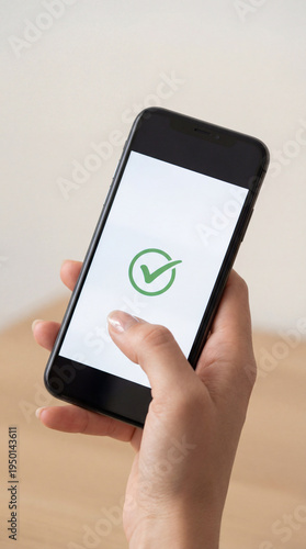 Smartphone shows verified status clearly. Smartphone screen with green check icon presents mobile approval, secure login, payment confirmation, trusted app success, clean interface, fintech security