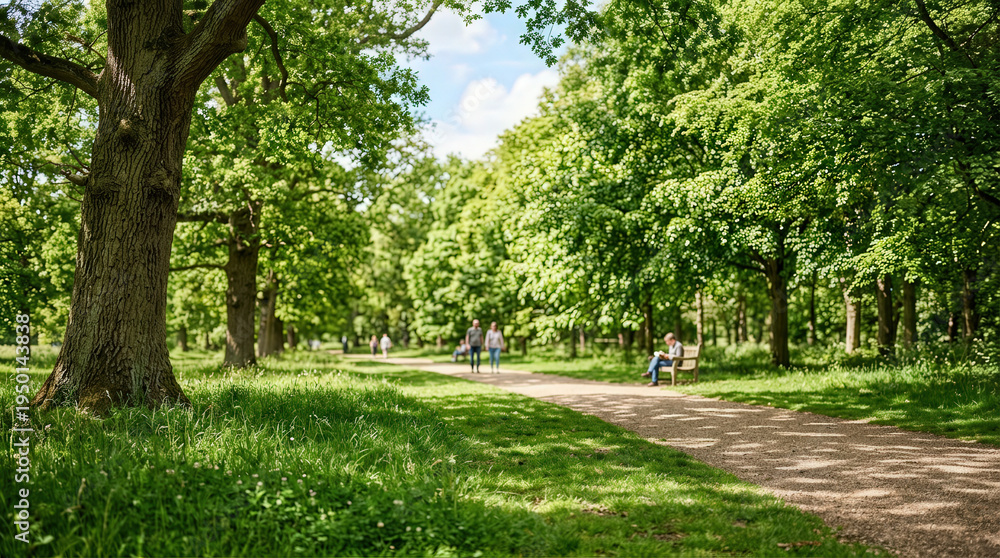 Obraz premium Serene Park Scene with Tall Green Trees and Walking Paths on a Sunny Day