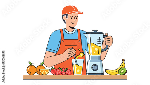 Juice Maker: A cheerful worker craft a glass of fresh juice, surrounded by ingredients and kitchen appliances. This image captures the essence of healthy refreshment.
