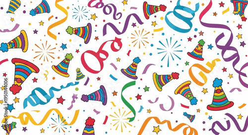 Colorful party celebration background with confetti streamers and hats on white