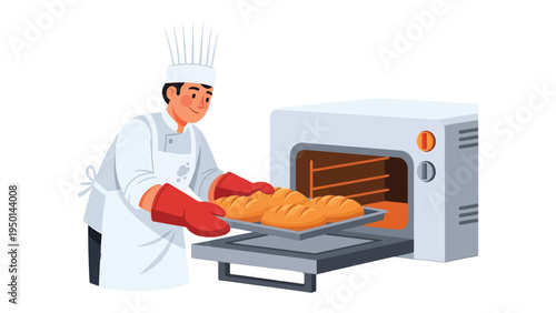 Baking Expertise: A skilled baker removes fresh, golden loaves of bread from a commercial oven, showcasing the art of baking.