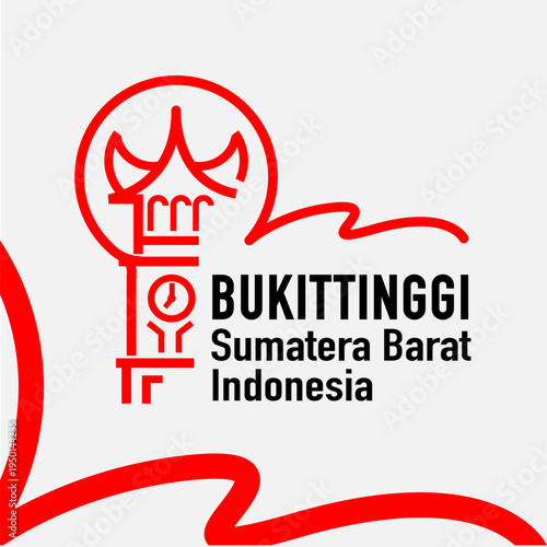 Minimalist vector logo of Bukittinggi city featuring Jam Gadang clock tower and Indonesian flag wave in modern red line art style.