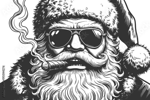 Santa Claus wearing sunglasses and smoking a cigar, portraying a rebellious, modern, and edgy Christmas character sketch engraving generative ai vector illustration. Scratch board. Black and white.