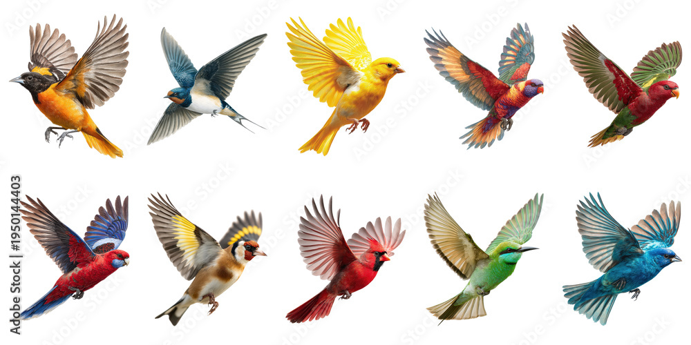 Obraz premium Colorful Birds Flying in Mid-Air on Transparent Background