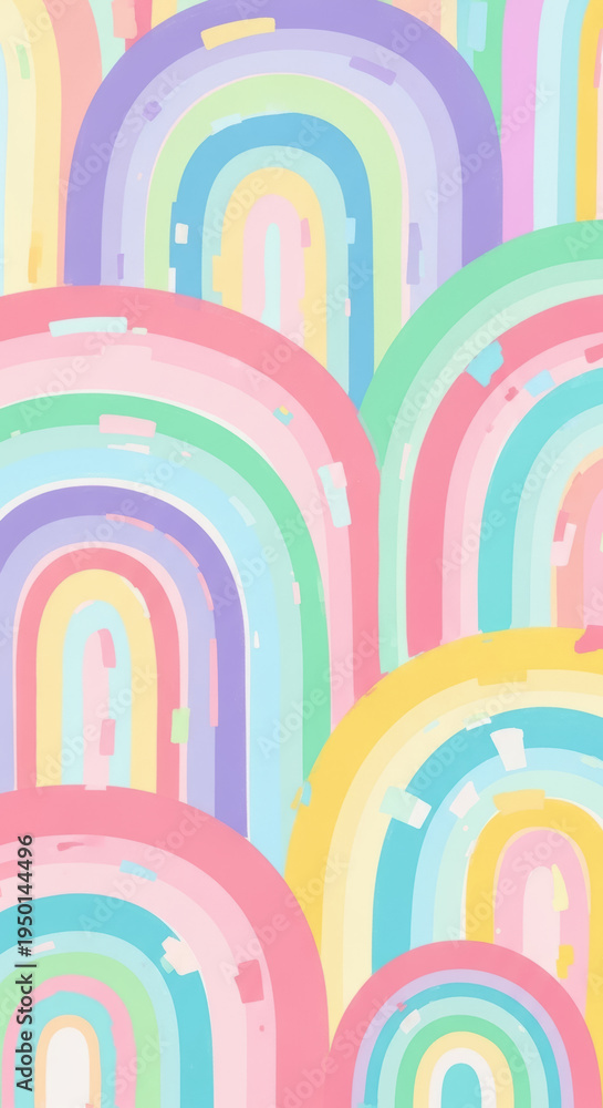 Fototapeta premium A dense pattern of overlapping arches mimics colorful rainbows rendered in soft pastel tones filling the entire frame.