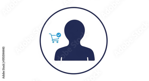 E commerce user profile icon with shopping cart and checkmark in circle