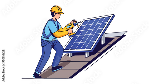 Renewable Energy installation: A skilled worker installs a solar panel on a rooftop. Illustrating the innovation of renewable energy.