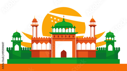 Vector illustration of mosque with green and orange architecture