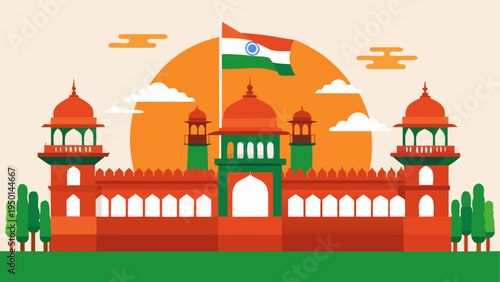 Vector illustration of Indian building with flag