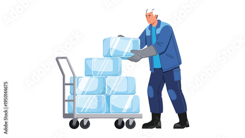 Ice Delivery: A worker stacks clear, glistening ice blocks onto a metal trolley, showcasing the efficiency of a cold delivery service. Capturing a moment of industrial precision.
