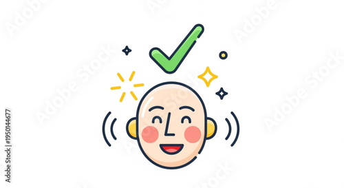 Smiling cartoon face with green checkmark and sparkles conveying happiness and approval in a digital illustration