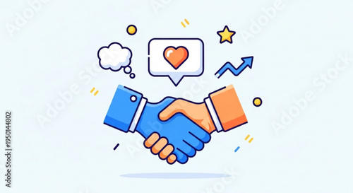 Handshake with heart and starburst symbols business partnership and friendship concept