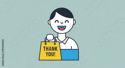 Smiling person holding a yellow shopping bag with 'thank you' text on a light green background expressing gratitude