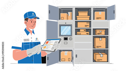 Parcel Delivery System: A uniformed delivery person interacts with a smart locker system.