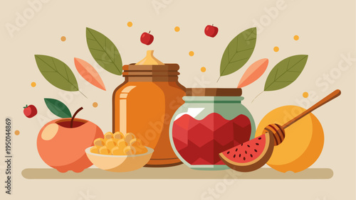 Vector illustration of Rosh Hashanah symbols with honey, apples, and pomegranates