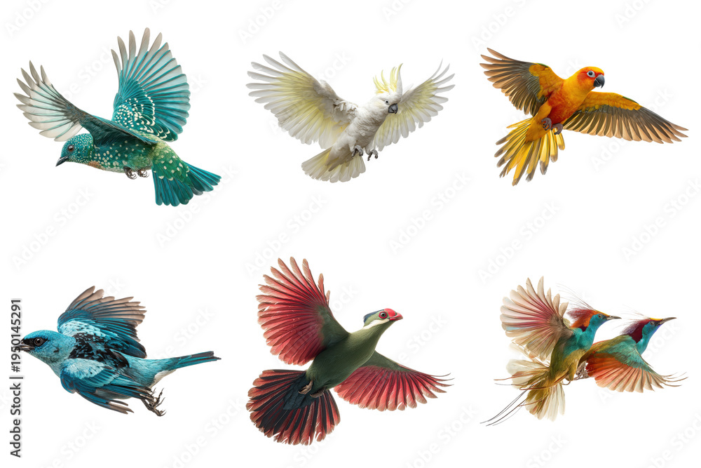 Obraz premium Colorful Birds Flying on Transparent Background