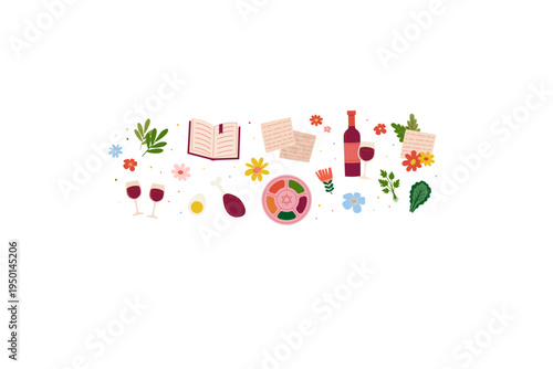 Passover Vector Illustration Set. Moses, Exodus Symbols, Matzah, Wine, Seder Plate Elements and Jewish Holiday Icons Collection. vector illustration