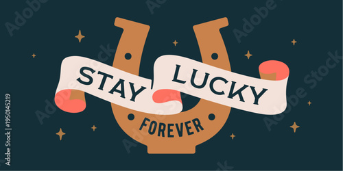 Horseshoe sign. Horseshoe ribbon symbol, vintage branding. Horseshoe symbol lucky, design element, ribbon. Lucky emblem, fortune horse club. Badge emblem talisman. Vector Illustration