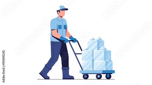 Ice Delivery in Motion: A diligent worker delivers a stack of ice blocks on a wheeled cart, a scene of cool efficiency.