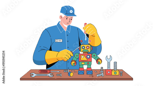 Mechanical Engineer and the Robot: The man diligently repairs a vintage robot with care and precision, showing the fusion of creativity and skill.