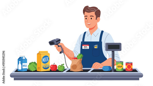 Cashier's Daily Grind: A diligent cashier diligently scans a diverse array of groceries, ensuring seamless transactions within a bustling retail environment. 