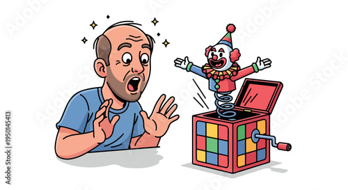 Cartoon illustration of a surprised man looking at a jack-in-the-box with a clown popping out, against a clean white background with a playful and whimsical mood.