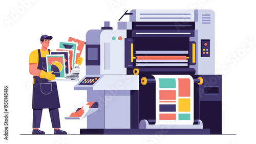 Printing Press Operation: A skilled technician diligently operates a modern printing press, overseeing the creation of vibrant print materials.