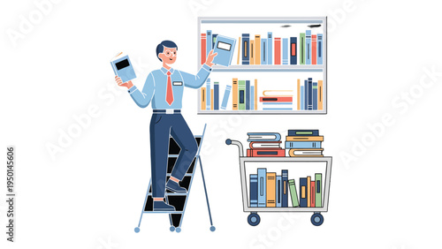 Curator in The Library: A librarian arranges volumes on shelves, cart, and holding book, symbolizing a world of knowledge, and information.