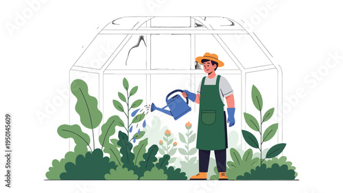 Nurturing Green: A vibrant illustration showcasing a diligent gardener attentively watering lush plants within the embrace of a greenhouse.