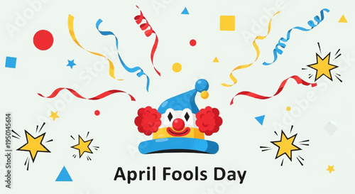 Colorful april fools day celebration with cartoon clown surrounded by confetti and stars on white background