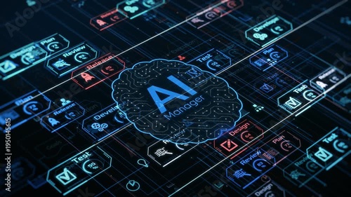 AI assistant for Agile project management, AI automation workflow, project life cycle, conceptual animation (3d render)