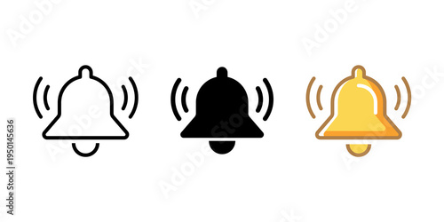 Simple notification bells in flat and outline style with vibrating motion icons, colored and black versions