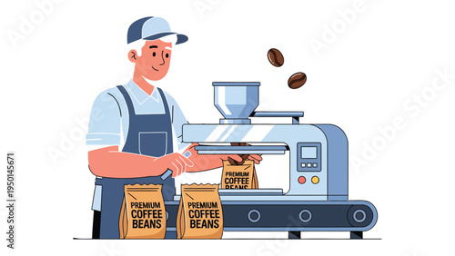 Artisan Coffee Packaging: A focused artisan expertly packages premium coffee beans, illustrating the precise craft of coffee production.