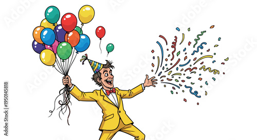 Cartoon man in yellow suit and party hat releasing colorful balloons and confetti on a white background with a joyful mood.