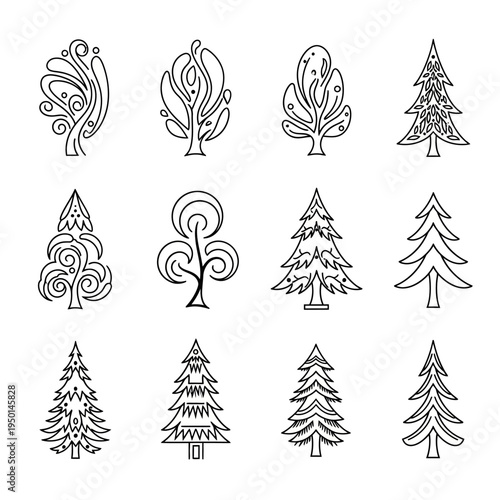 Black and white illustrations of various tree designs.