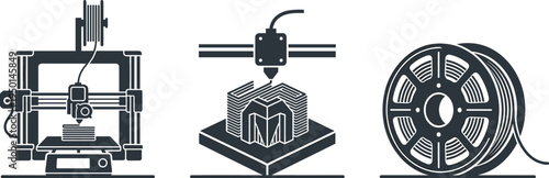 Professional 3D Printing and Additive Manufacturing Icon Set Featuring Desktop 3D Printer Industrial Printing Process and Filament Spool Silhouettes