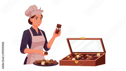 Confectioner's Craft: A skilled confectioner, clad in apron and hat, presents a delightful array of handcrafted chocolates and sweets.