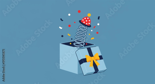Surprise gift box with colorful confetti and party popper exploding in celebration