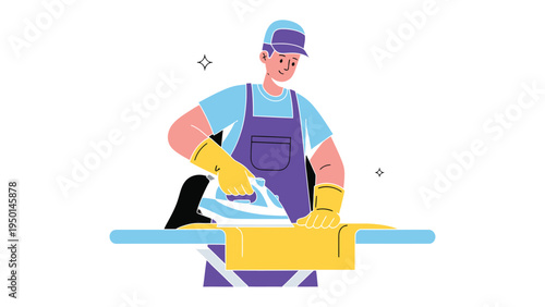 Precision Press: A diligent individual meticulously irons a piece of fabric on an ironing board, symbolizing the act of care and attention to detail.