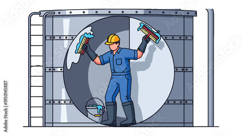 Tank Cleaning Technician: A skilled technician, equipped with protective gear and cleaning tools, meticulously cleans the interior of a massive storage tank. This illustration emphasizes precision.