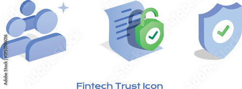 Fintech trust icon set. Modern isometric secure user onboarding, protected, verified document access and shield approval symbols. Banking apps, payment gateway, cybersecurity, insurance, compliance