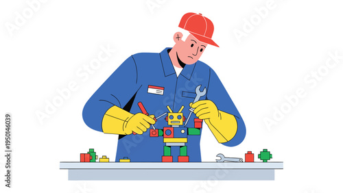 Mechanical Assembly: A skilled mechanic meticulously works to assemble a toy robot, demonstrating precision and expertise. A scene of creation and ingenuity.
