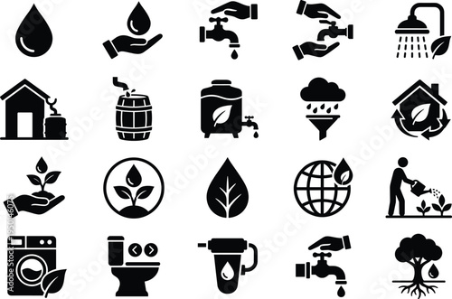 Professional Water Conservation Icon Set Featuring Rainwater Harvesting Water Saving Faucets Ecology Management and Sustainable Irrigation Silhouettes